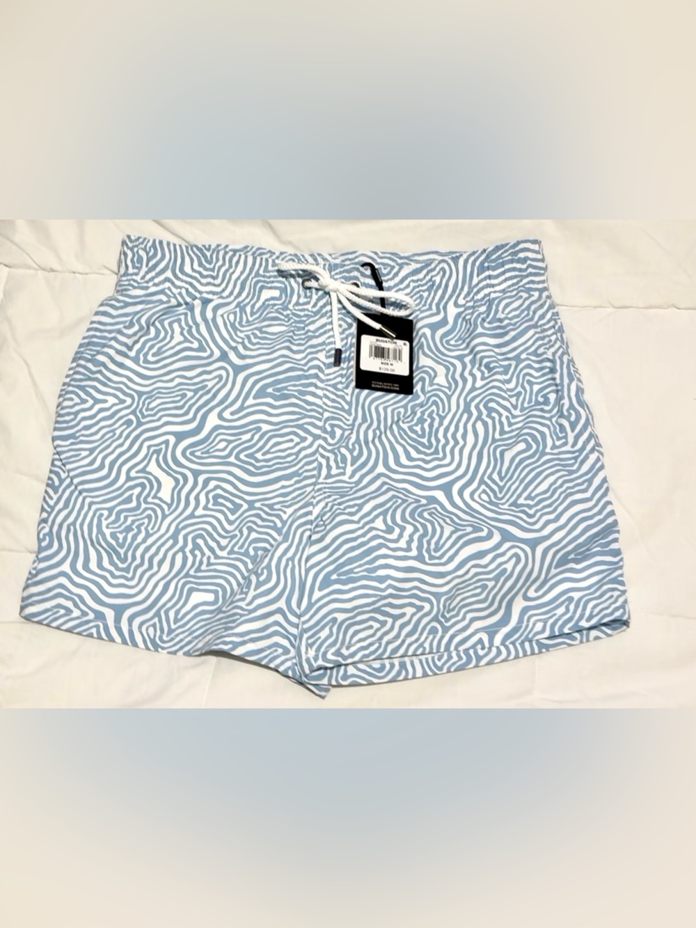 Bugatchi Blue & White Swirl-Print Swim Trunks
